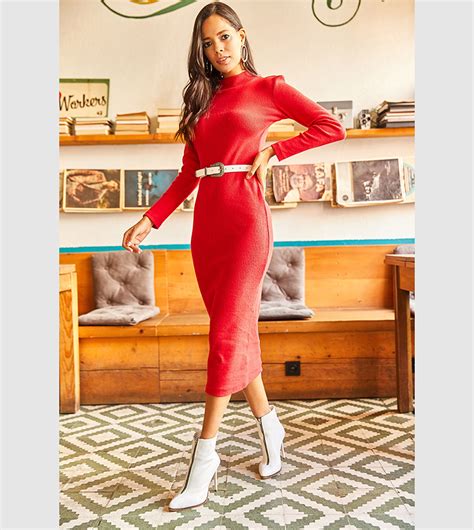 Buy Olalook Ribbed High Neck Midi Dress In Red 6thstreet Uae