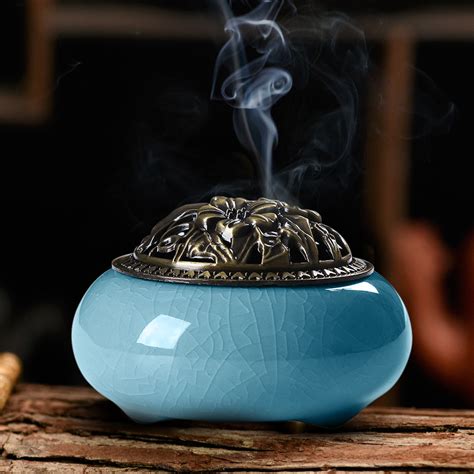 Ceramic Incense Burner Censer Coil Stick Holder Ash Catcher w/ Alloy Cover Aromatherapy Decor ...