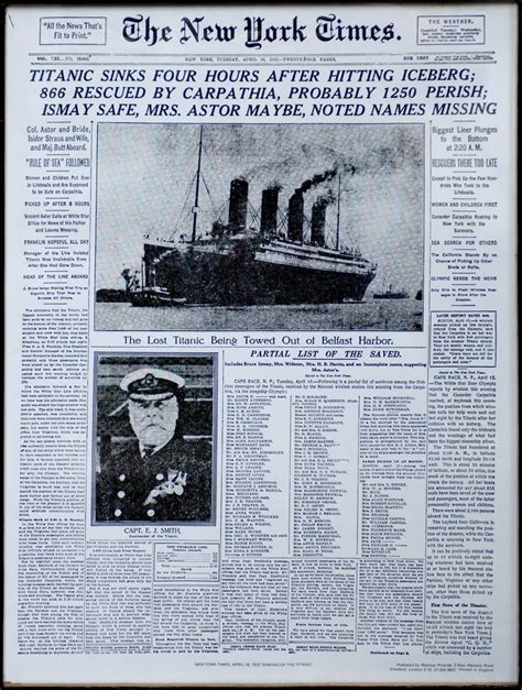 Rms Titanic Sinks New York Times Newspaper Front Page Headline Paper