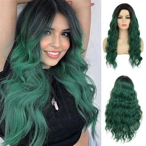 Amazon Swiking Curly Ombre Green Long Women Wigs Midele Part