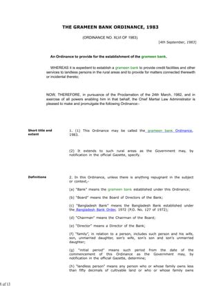 Grameen Bank Ordinance Ordinance No Xlvi Of Pdf