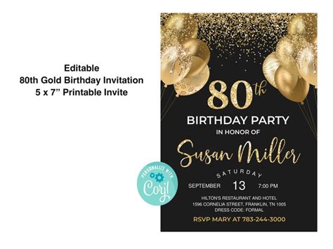 80th Birthday Invitation EIGHTY Party Black Gold Glitter Etsy