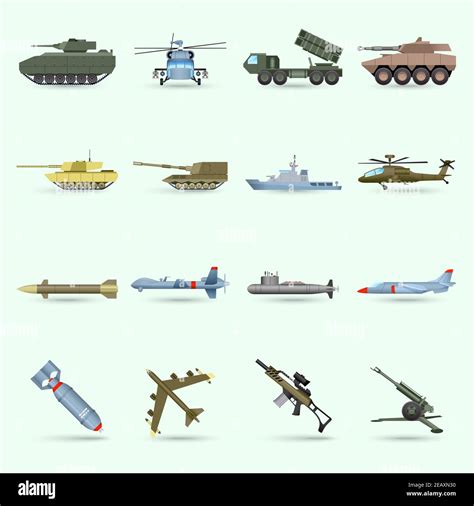 Army Icons Set With Tank Submarine Military Airplane Isolated Vector