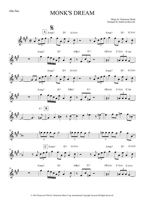 Monk's Dream by Thelonious Monk - Alto Saxophone - Digital Sheet Music ...