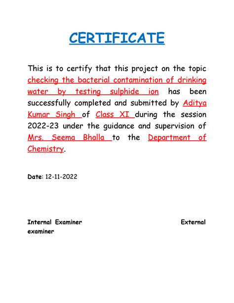 Chemistry Project Certificate This Is To Certify That This Project On