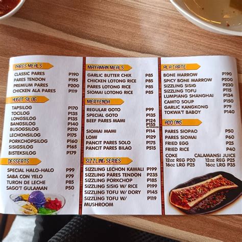 Menu At Pares Retiro Batasan Hills Restaurant Quezon City