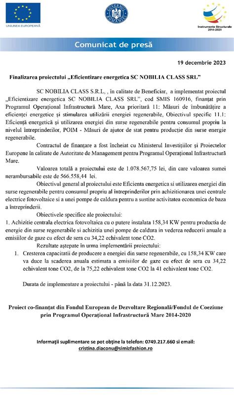 Finalizarea Proiectului Eficientizare Energetica SC NOBILIA CLASS SRL