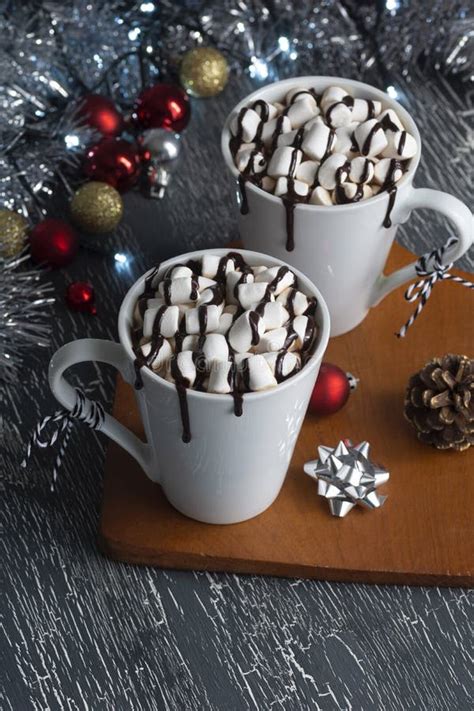 Hot Chocolate Or Cocoa With Marshmallows Chocolate Sauce And Decorations Stock Image Image Of