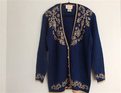 Vintage 80s Gold And Pearls Embroidered Blue Lurex Cardigan Etsy