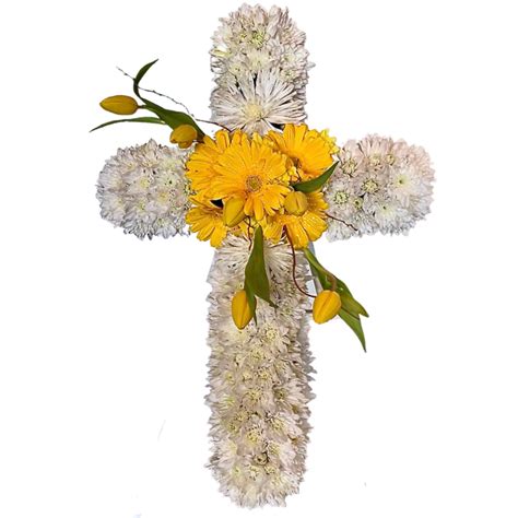 Yellow Gerberas On White Flowers Funeral Cross Wreath Funeral Cross Ff 7202 Funeral Flowers