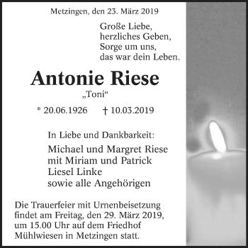 Traueranzeigen Von Antonie Riese Trauer In NRW De