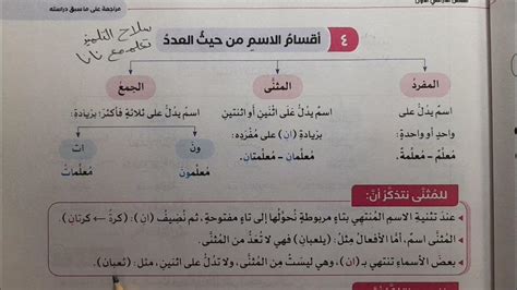 بداية صح أقسام الاسم من حيث العدد مفرد مثني جمع كتاب سلاح تلميذ لغة