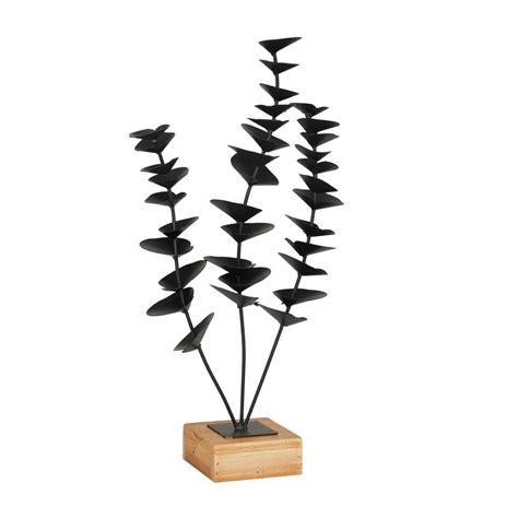 Litton Lane Black Metal Leaf Sculpture With Wood Base The Home