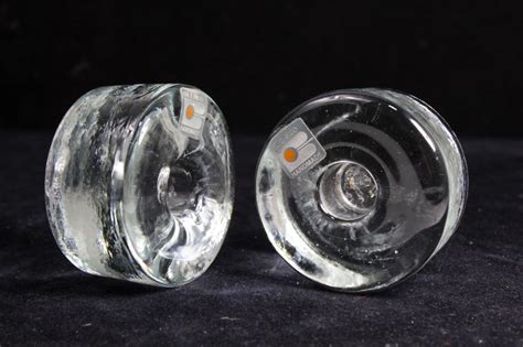 Lot PAIR BLENKO GLASS HOCKEY PUCK CANDLE HOLDERS