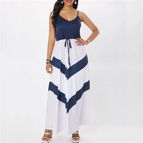 Casual Spaghetti Strap Dress Women Blue White Color Block Stitch