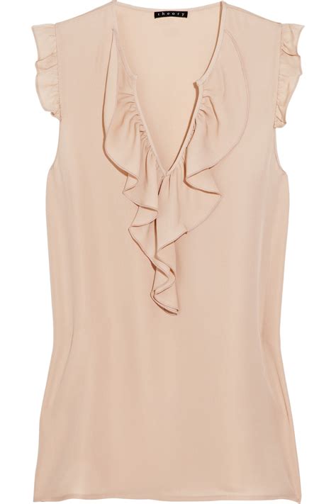 Theory Nalena Ruffled Silk Crepe Blouse In Blush Pink Lyst