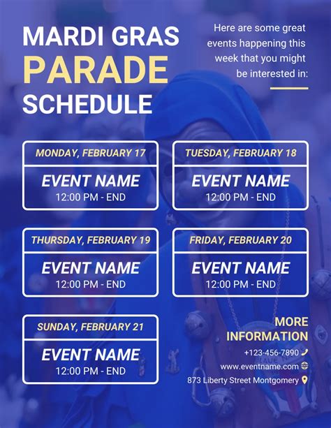 Blue Modern Background Mardi Gras Parade Schedule Template - Venngage