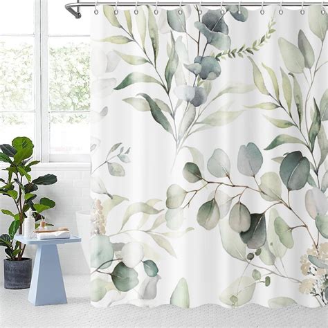 Eucalyptus Leaf Shower Curtains Sage Green Spring Botanical Watercolor Plants Bathroom Curtains