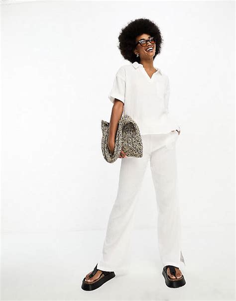 Jdy Tall Cheesecloth Wide Leg Trouser And Shirt Co Ord In White Asos