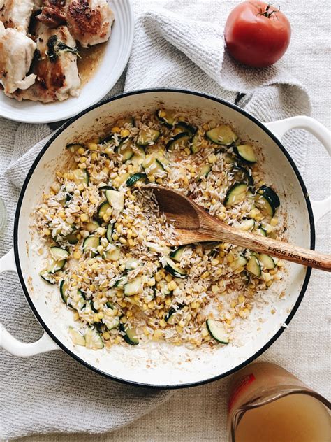 Skillet Chicken With Rice Zucchini And Corn Bev Cooks