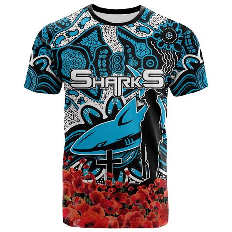 Sharks T Shirt Anzac Day Poppy Flowers With Aboriginal Fegrin