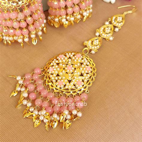 Light Pink Heavy Jadau Jhumka Earrings For Punjabi Suit Fashioncrab