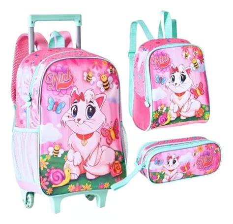 Kit Mochila Rodinha Infantil Gatinha Menina Escolar Frete Gr Tis