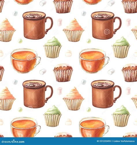 Watercolor Seamless Pattern With Cocoa Mug Muffin Cupcakes Tea Cup