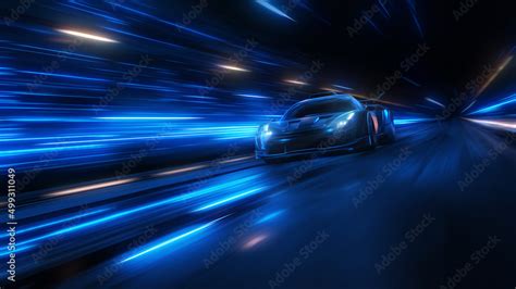 Speeding Sports Car On Neon Highway Powerful Acceleration Of A