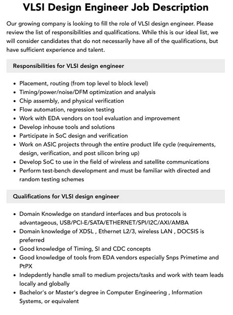 VLSI Design Engineer Job Description Velvet Jobs