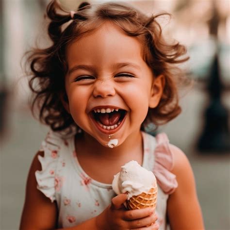 Foto de una linda niña riendo y comiendo helado generada por ia día