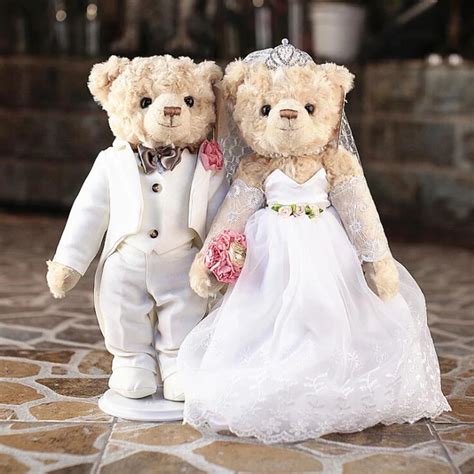 Vintage Pair Of Joined Bride And Groom Bears Wearing A Suit And Wedding