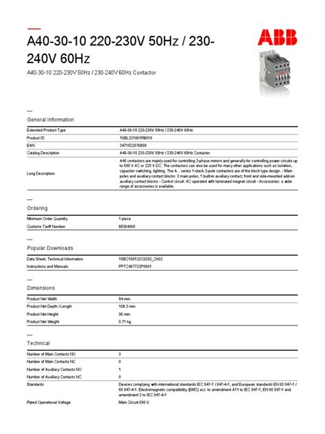 1SBL321001R8010 A40 30 10 220 230v 50hz 230 240v 60hz Contactor PDF ...