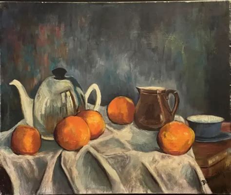 Ancien Tableau Peinture Huile Sur Toile Nature Morte Aux Oranges