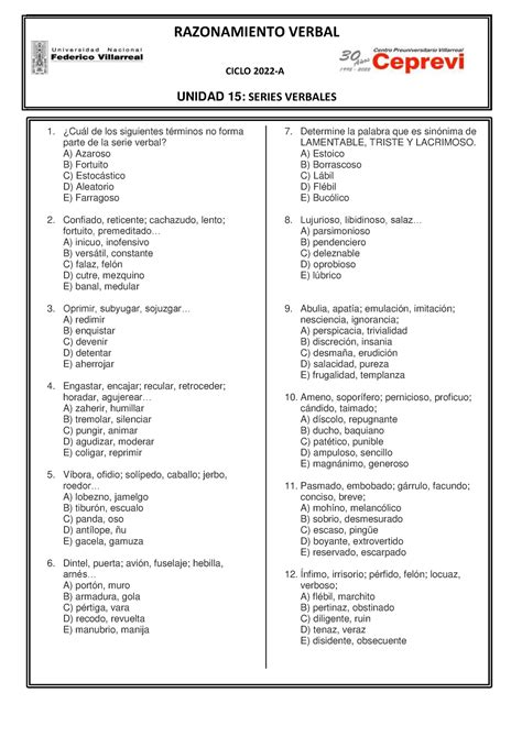 Razonamiento Verbal Razonamiento Verbal Ciclo A Tema