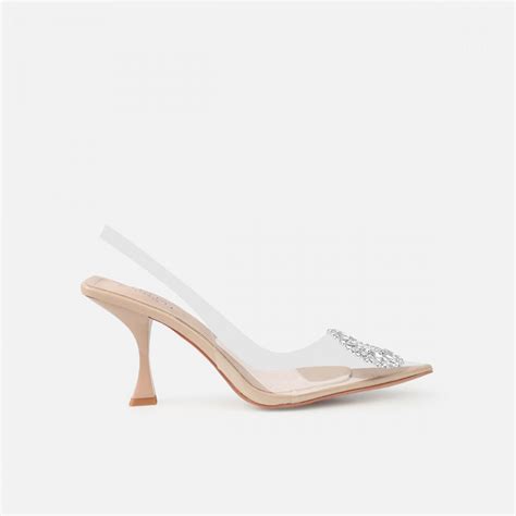 Alanis Nude Clear Diamante Slingback Mid Heel Courts Simmi London