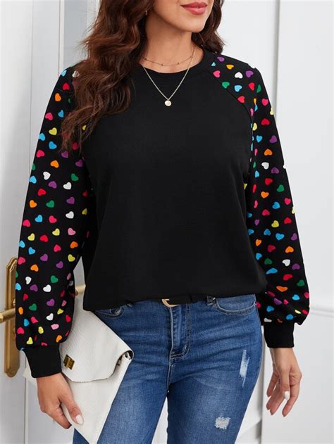 SHEIN LUNE Heart Print Raglan Sleeve Sweatshirt SHEIN USA