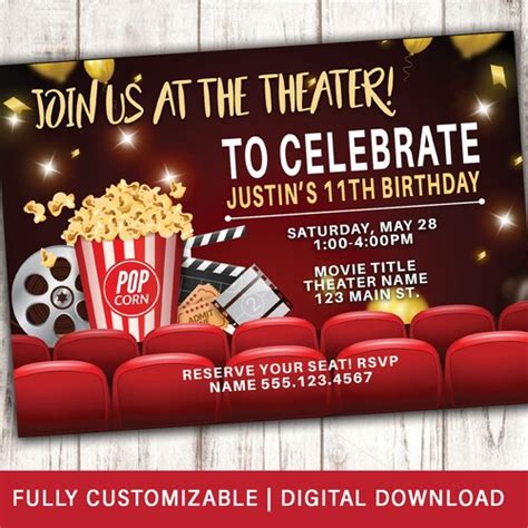 Movie Night Birthday Party Invitation Movie Theater Etsy