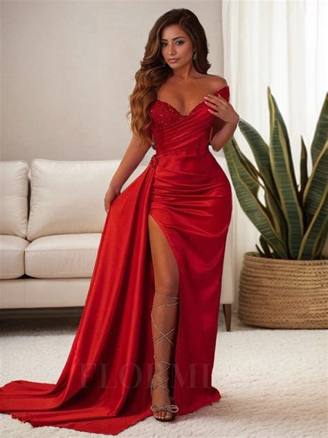 Sheath Column Off The Shoulder Floor Length Silk Like Satin Dresses