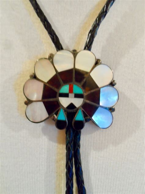 Vintage Zuni Sun Face Inlay Bolo Tie Sterling Silver Gem