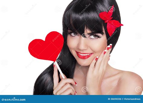 Beauty Portrait of Happy Smiling Girl with Red Lips Holding Red Stock Photo - Image of beautiful ...