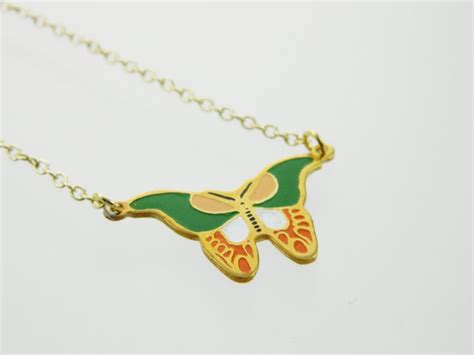 Vintage S Enamel Green Butterfly Necklace Etsy