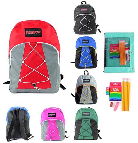 12 Units Of 17 Classic Bungee Backpack And Elementary School Supply Kit