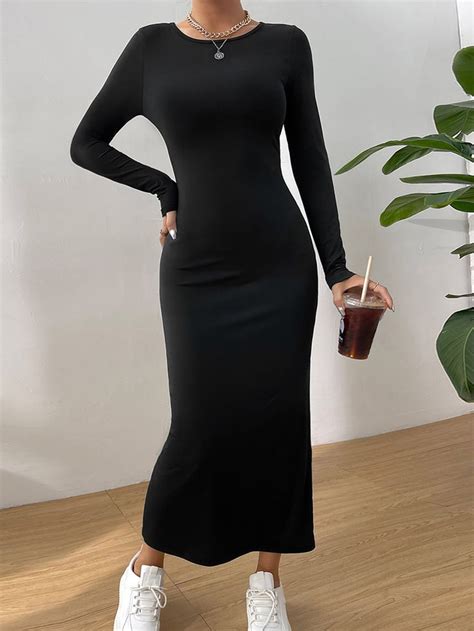 Long Black Bodycon Dress Ribbed Knit Bodycon Dress Fitted Black Dress