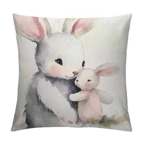 Jeuxus Square Pillow Cover Cute Cartoon Grey Baby And Mother Bunnies