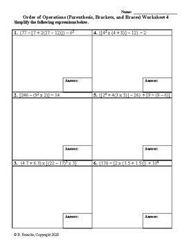 Order of Operations Worksheets (Braces, Brackets, and Parentheses)