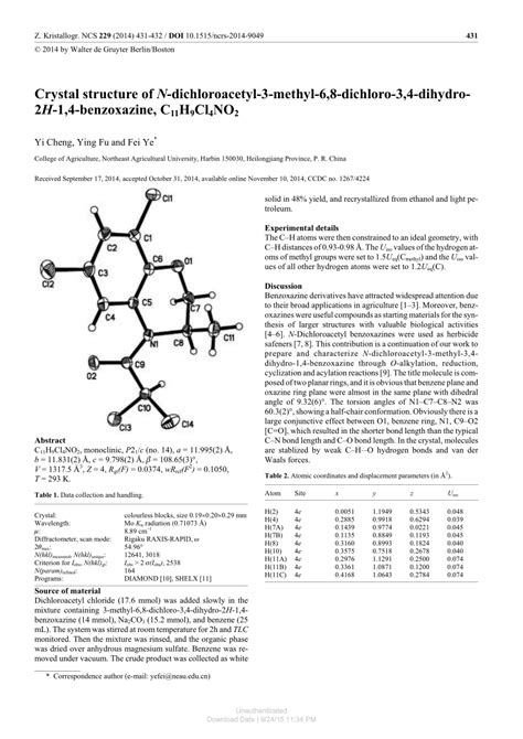 PDF Crystal Structure Of N Dichloroacetyl 3 Methyl 6 8 Dichloro 3 4