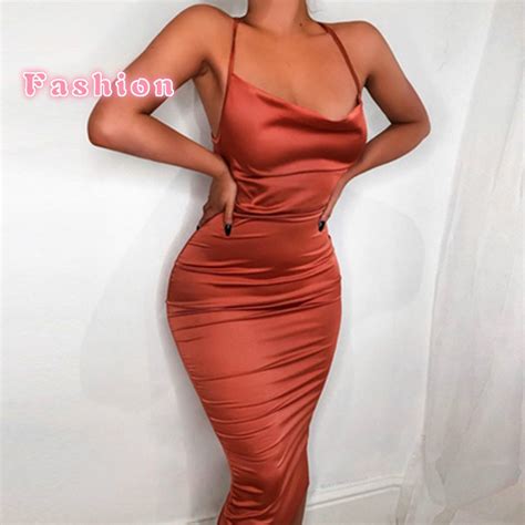 Vestido Bodycon Sexy De Cetim Neon Costa Nua Sem Mangas Feminino