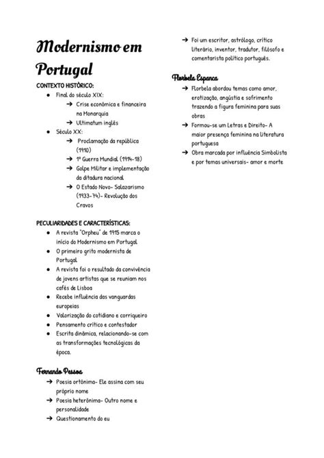 Modernismo em Portugal Ficha resumo Escolas literárias Realismo e