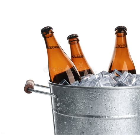 Metal Bucket With Bottles Of Beer And Ice Cubes Isolated Stock Image